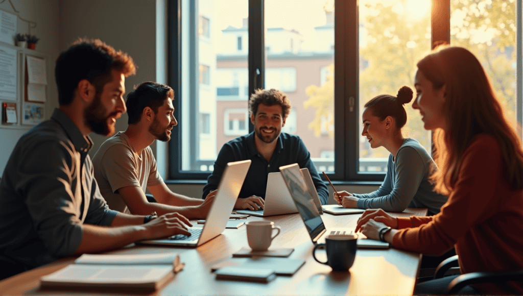 Remote Agile team members engaging in a virtual daily standup from home offices.