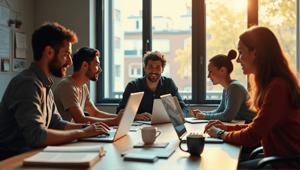 Remote Agile team members engaging in a virtual daily standup from home offices.