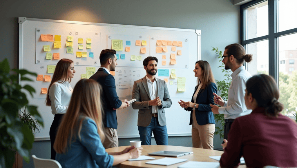 Professionals collaborating in a modern office, surrounded by whiteboards and sticky notes.