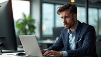 Frustrated IT professional in a modern office, laptop open, surrounded by tech equipment.