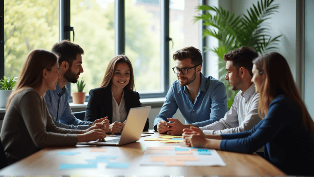 Agile team members collaborating at a table with sticky notes and laptops in a modern office.