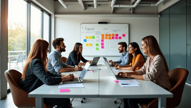 Team collaborating during a sprint planning session around a modern conference table.