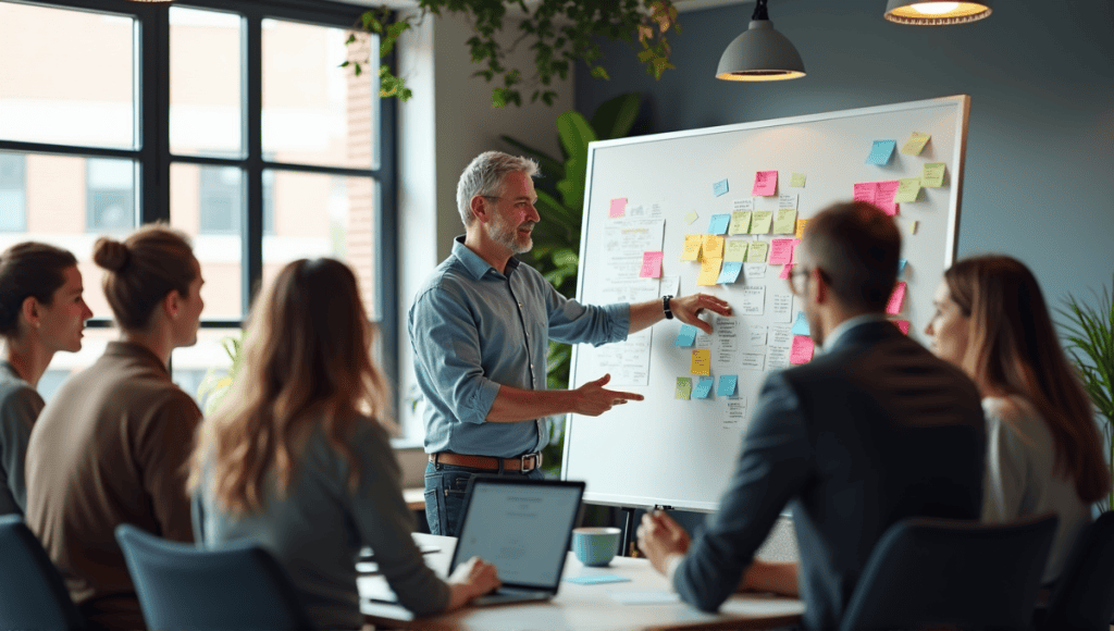 Agile coach engaging colleagues around a whiteboard in a modern office setting.