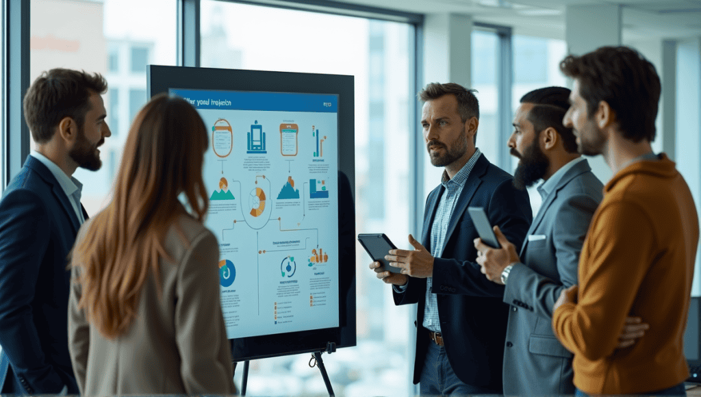 Professionals collaborating around a digital screen displaying agile workflow in a modern office.