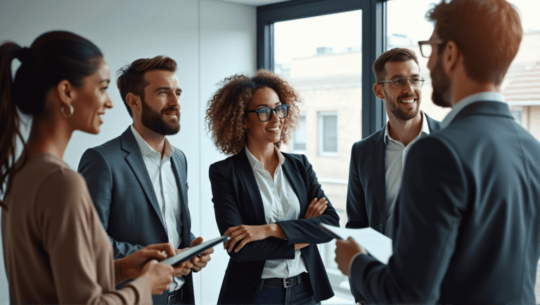 Team of professionals in smart casual attire collaborating during a standup meeting in an office.