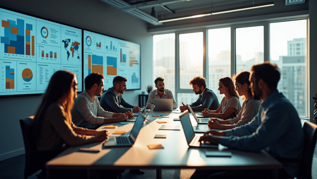 A team of professionals engaged in discussion around a table with digital screens.