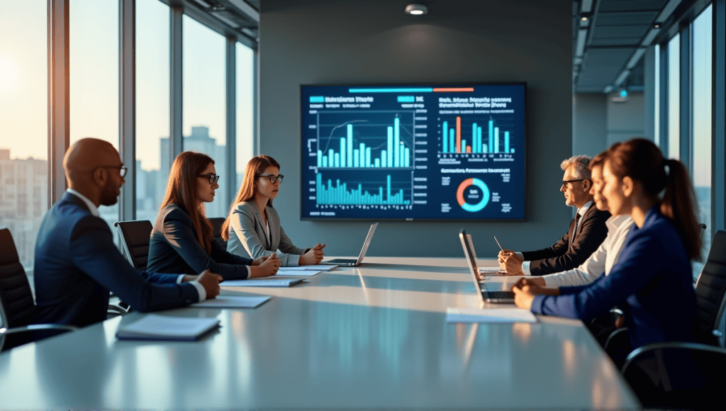 Business professionals collaborating in a strategic planning meeting with data analytics displayed.