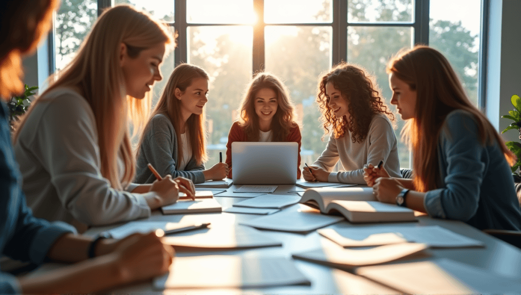 Group of individuals studying for Scrum certification with books, laptops, and exam papers.