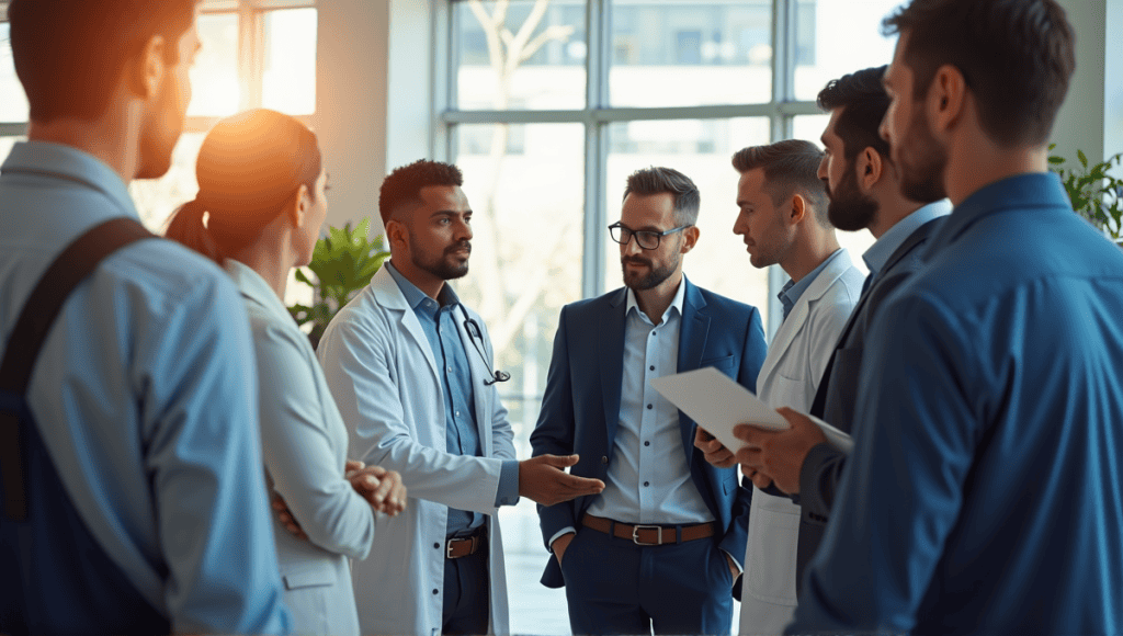 Group of professionals in varied attire engaged in a daily standup meeting.