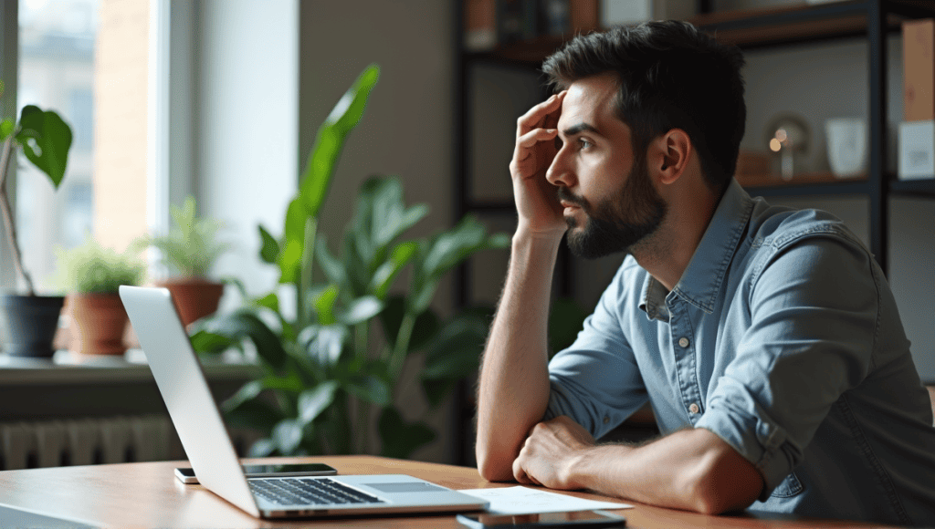 Thoughtful person in casual professional attire reflecting at a modern workspace with digital devices.