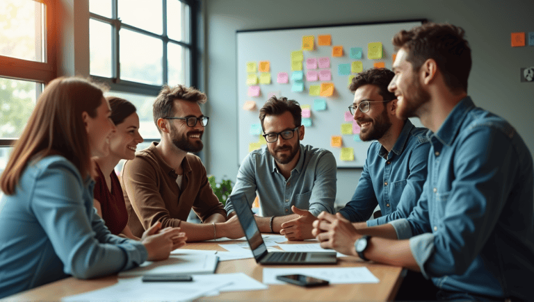 Team of professionals collaborating in an open office, surrounded by sticky notes and devices.