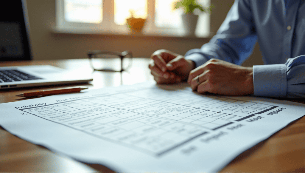 Detailed risk matrix on a wooden desk with hands analyzing categories of probability and impact.