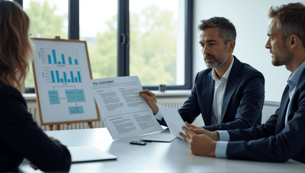 Professional consultant conducting a risk assessment session with charts in a modern office.