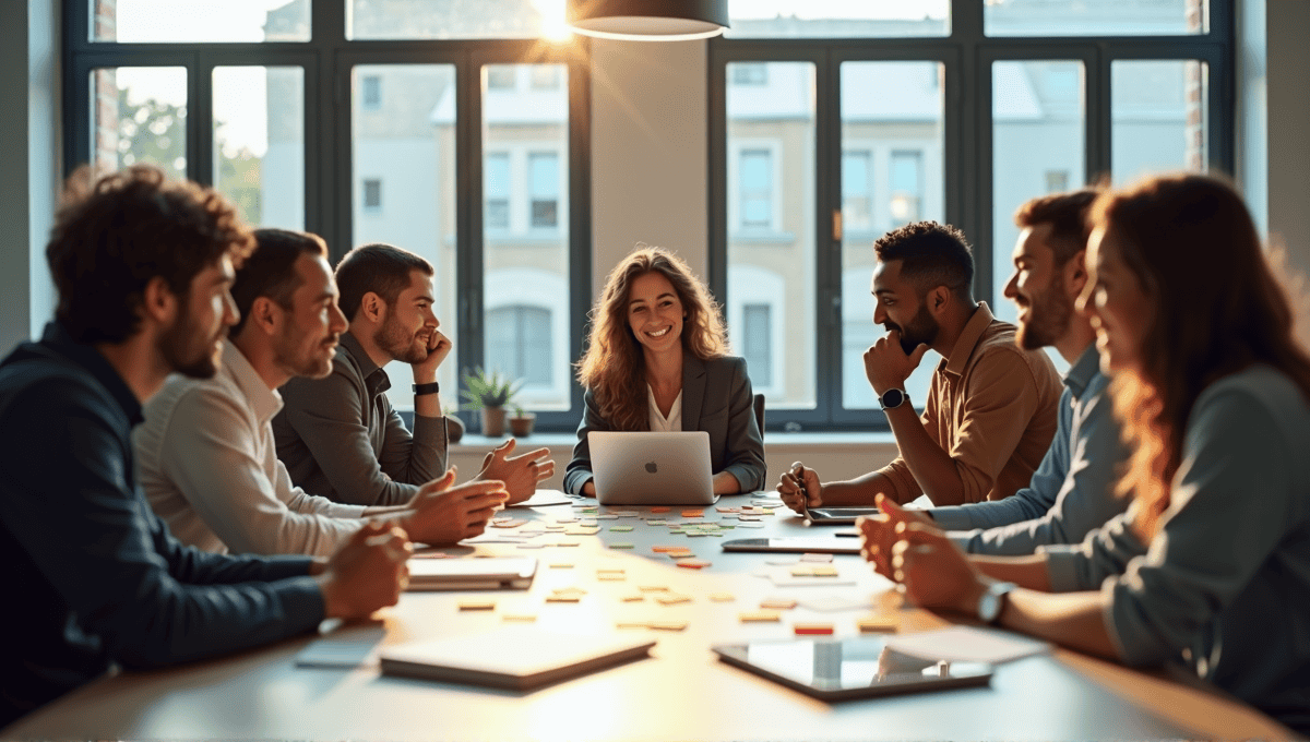 Professionals collaborating enthusiastically at a conference table with sticky notes and digital devices.