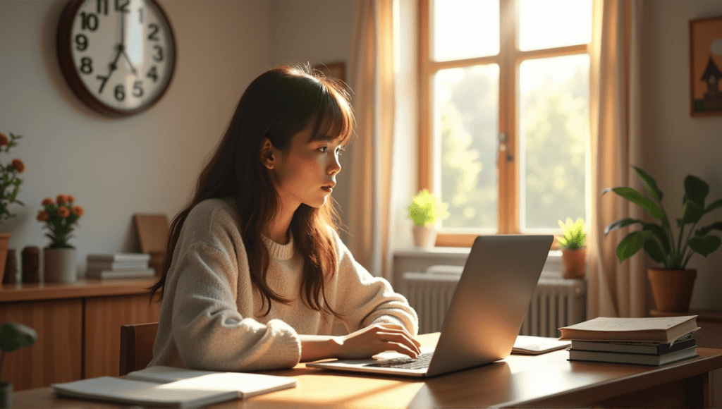 Focused student studying at a desk with notebooks and a laptop, looking at a clock.