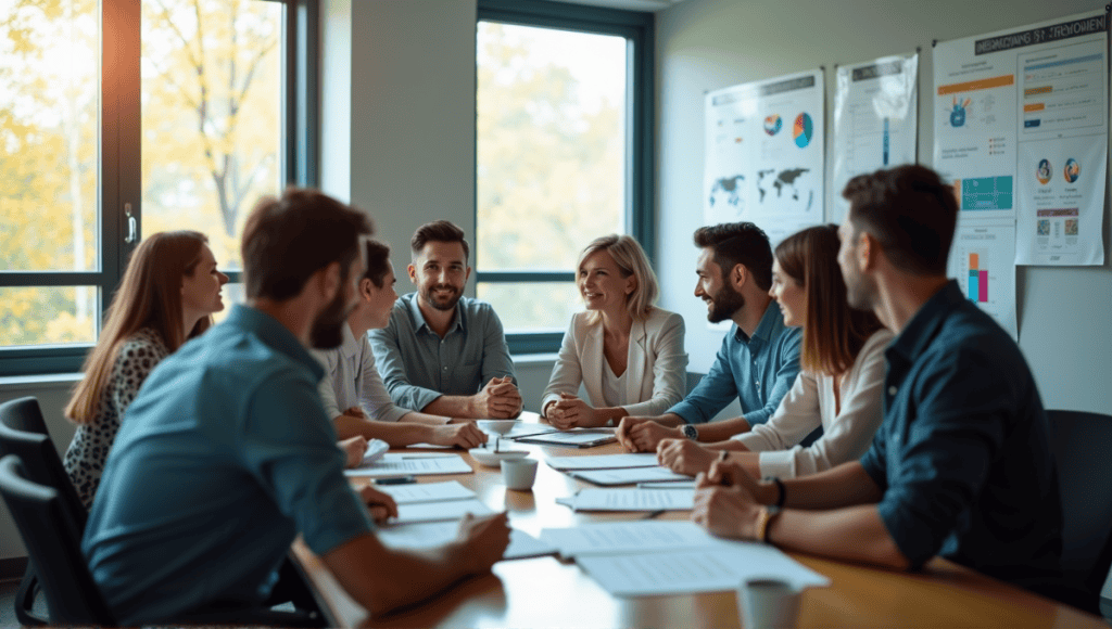 Professionals in smart-casual attire engaged in a collaborative discussion at a conference table.