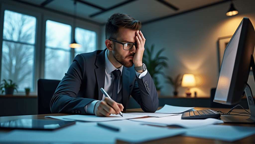 Stressed project manager reviewing timelines with paperwork and glowing computer screen in modern office.