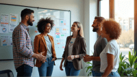 Group of professionals in casual attire collaborating on agile framework concepts in an office.