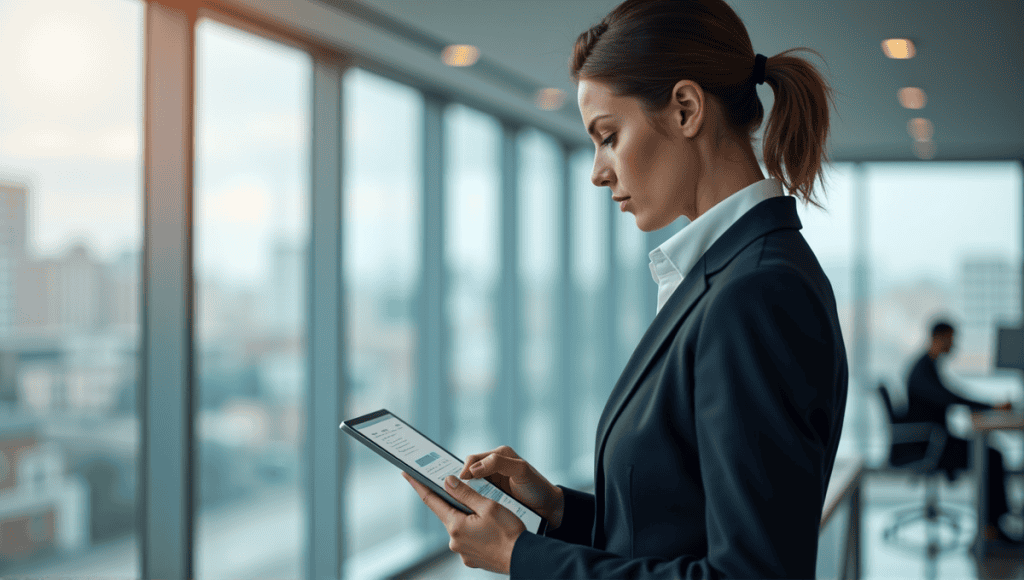 Poised professional in business attire analyzing data on a tablet in bright office.