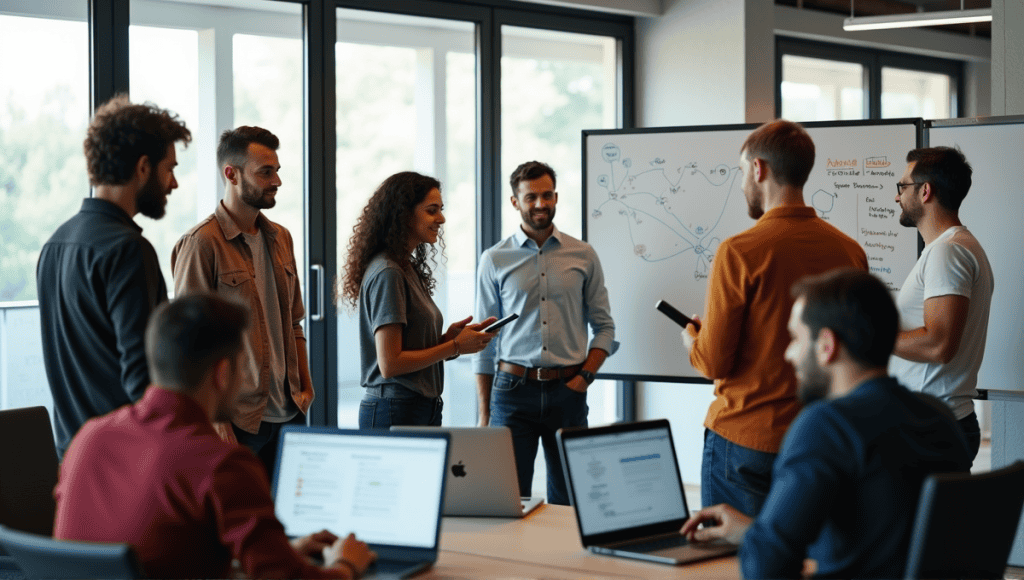 Group of software developers in a modern office collaborating during a stand-up meeting.