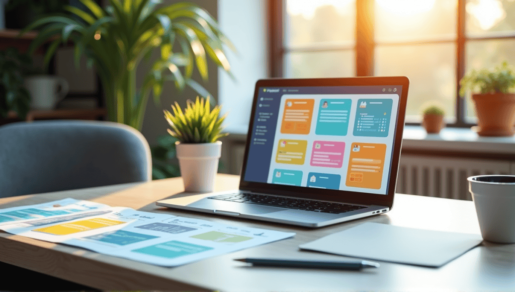 Modern workspace featuring a laptop with agenda templates and organized project management tools.