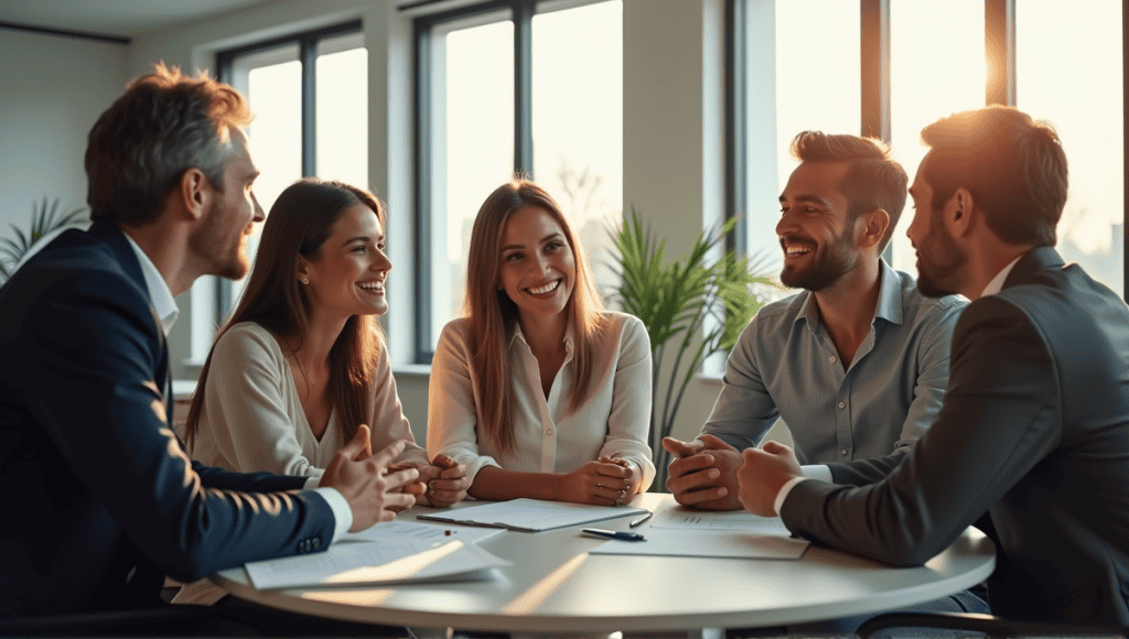 Agile team members collaborating around a round table in a modern office setting.