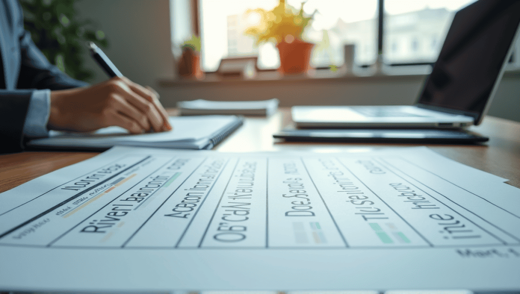 Detailed risk control matrix on a desk with office tools, emphasizing risk management importance.