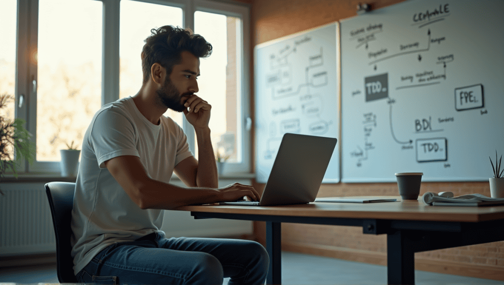 Software developer coding on a laptop in a modern office with whiteboards displaying methodologies.