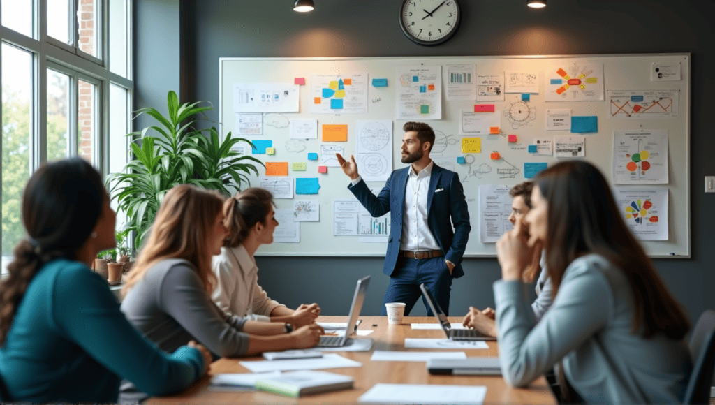 Professionals in business casual attire collaborating in a modern office during a brainstorming session.