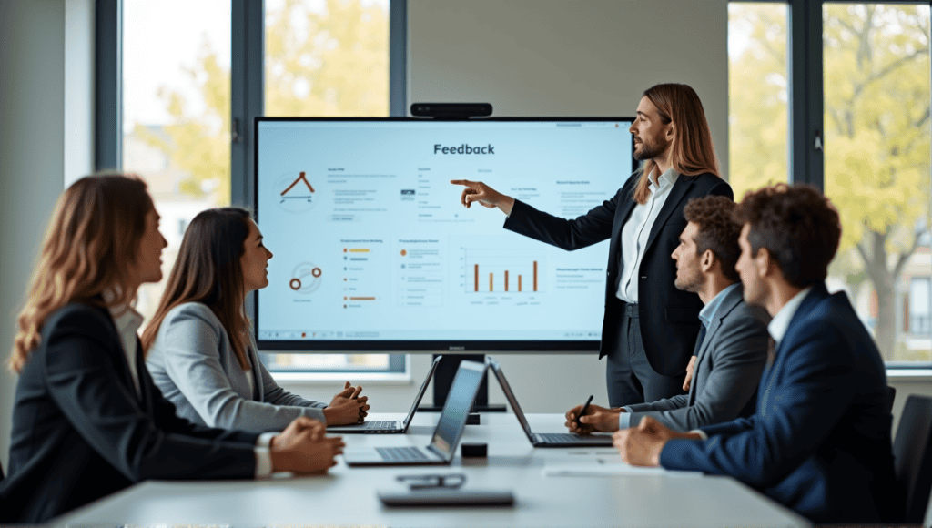 Professionals discussing feedback at a conference table with a digital screen presentation.