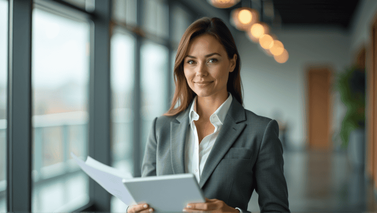 Businesswoman in a gray suit confidently holding a tablet in a modern office.