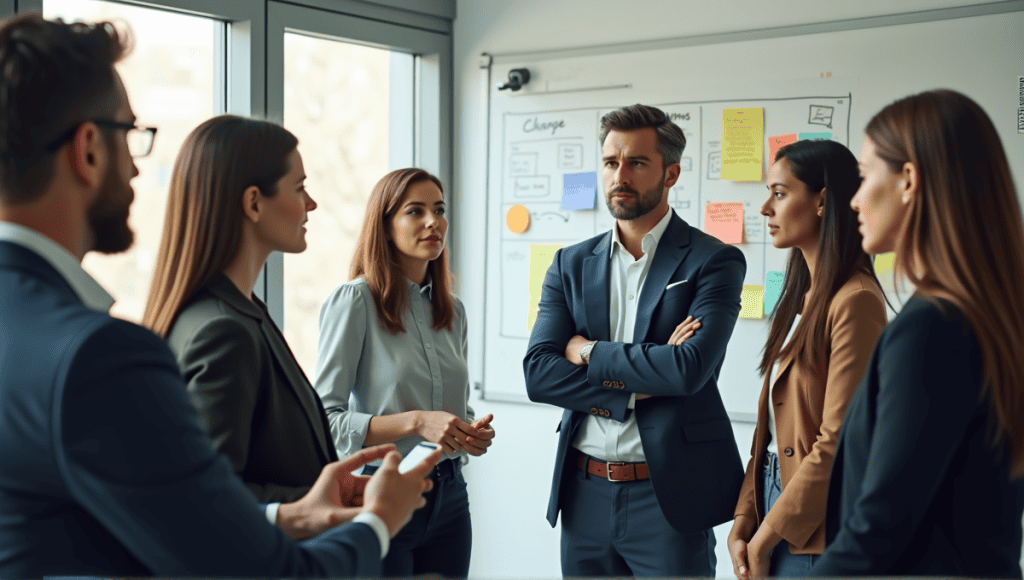 Group of professionals discussing agile transformation in a modern office setting.