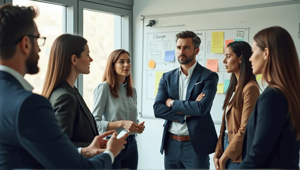 Group of professionals discussing agile transformation in a modern office setting.