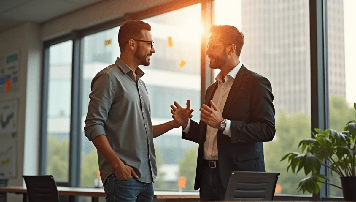 Two professionals discussing project management methodologies in a modern office environment.