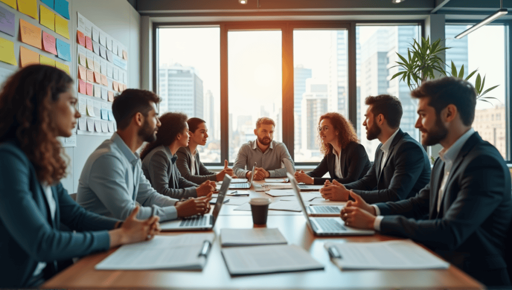 Team of professionals collaborating in a modern office, discussing strategies around a large table.