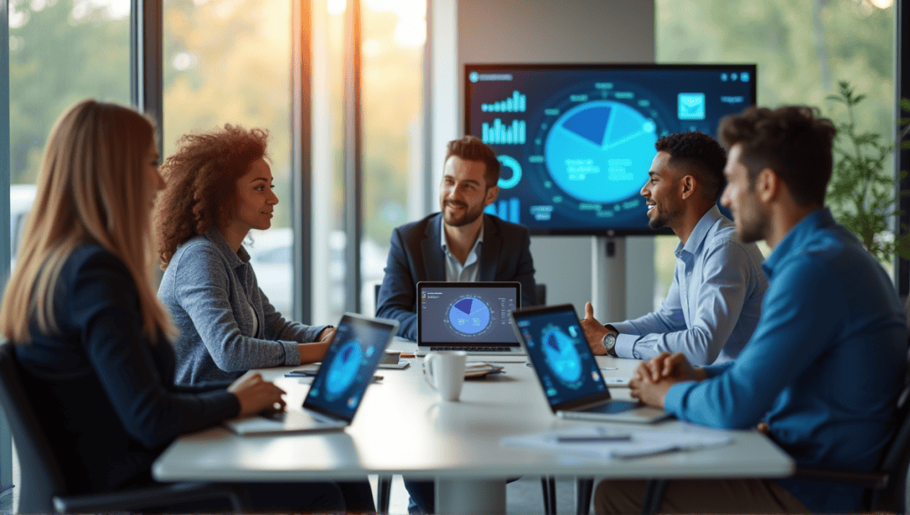 Group of professionals collaborating around a conference table with digital screens in view.