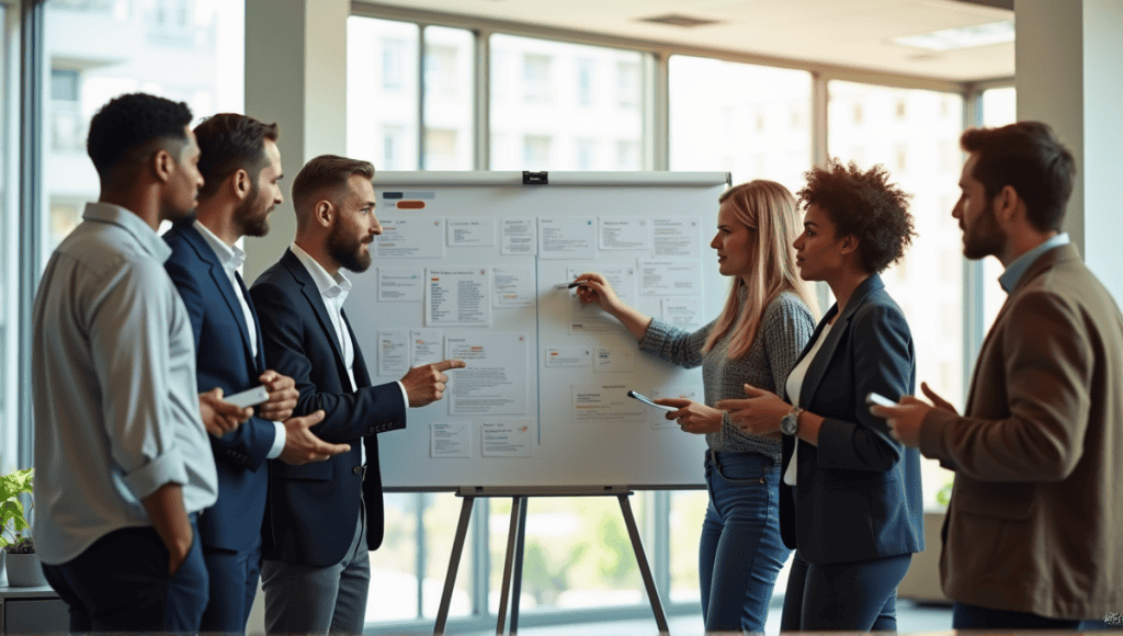 Professionals discussing a large story map on a whiteboard in a modern office.