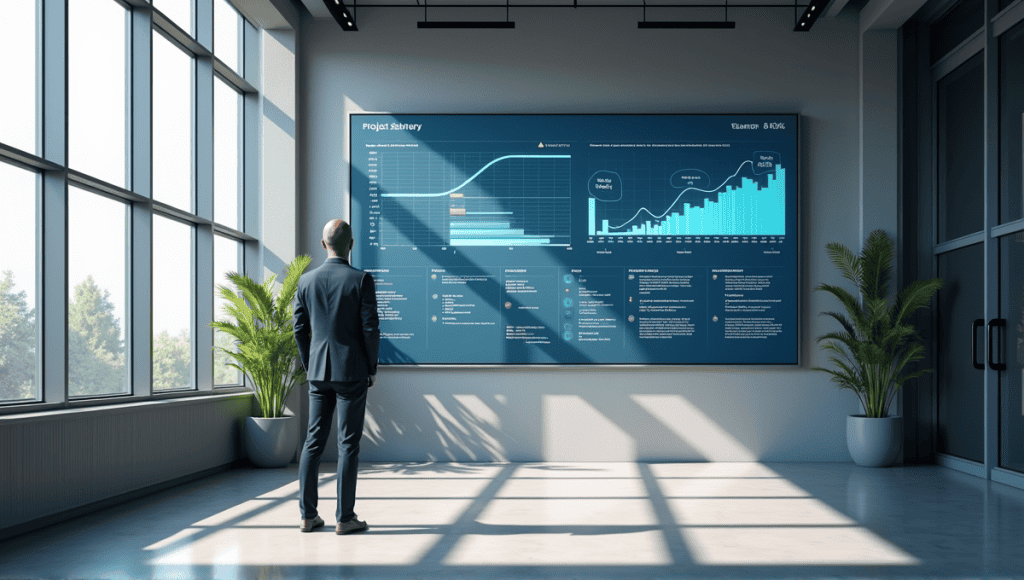 Project manager in smart casual attire reviewing project timelines on a digital display.