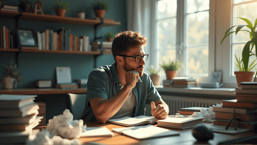 Thoughtful individual in casual attire, contemplating at a cluttered desk with symbolic barriers.