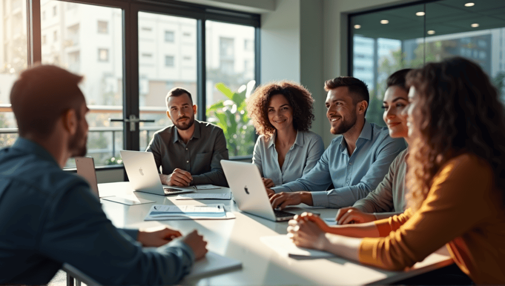 Team of professionals collaborating in an Agile project meeting at a modern conference table.