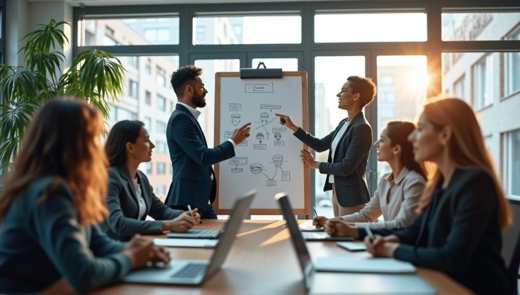 Professionals collaborating in a meeting, discussing agile culture transformation on a whiteboard.