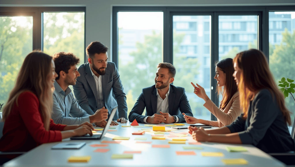 Professionals collaborating at a table with post-it notes and digital devices in a modern office.