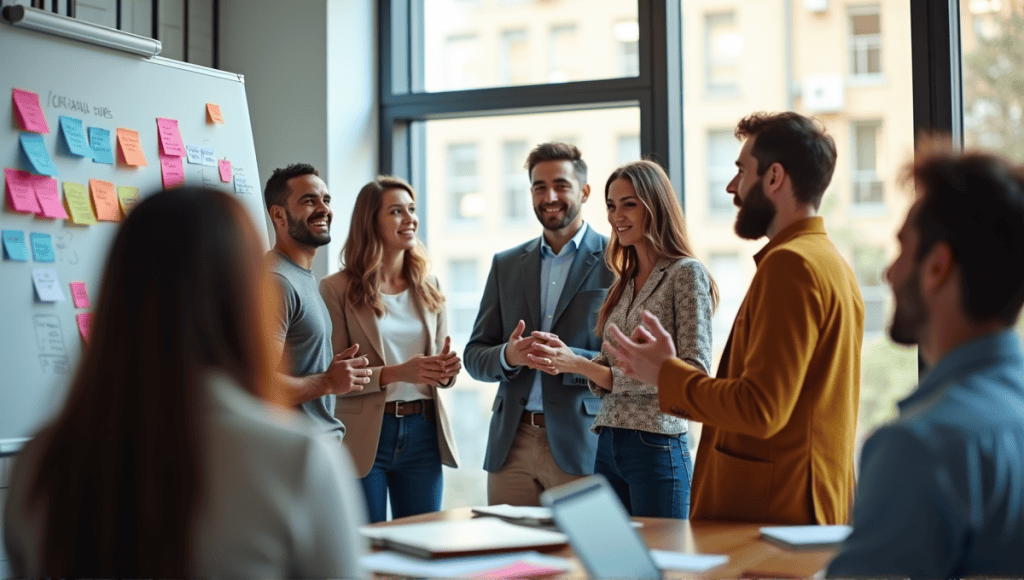 A group of professionals engaged in a collaborative standup meeting in a modern office.