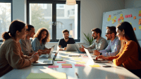 Professionals engaged in a sprint planning meeting around a conference table with laptops.