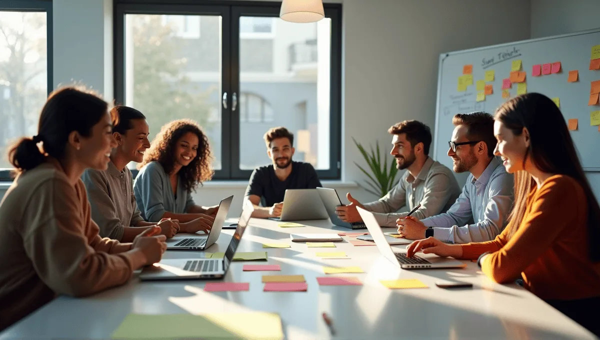 Professionals engaged in a sprint planning meeting around a conference table with laptops.