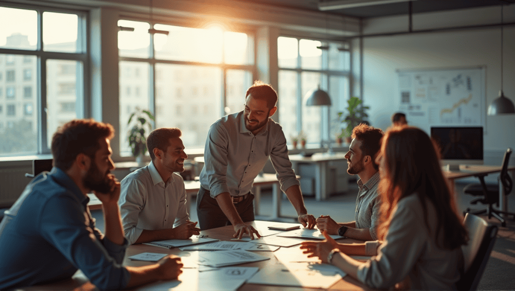 Professionals in a modern office brainstorming and sharing ideas in a collaborative setting.