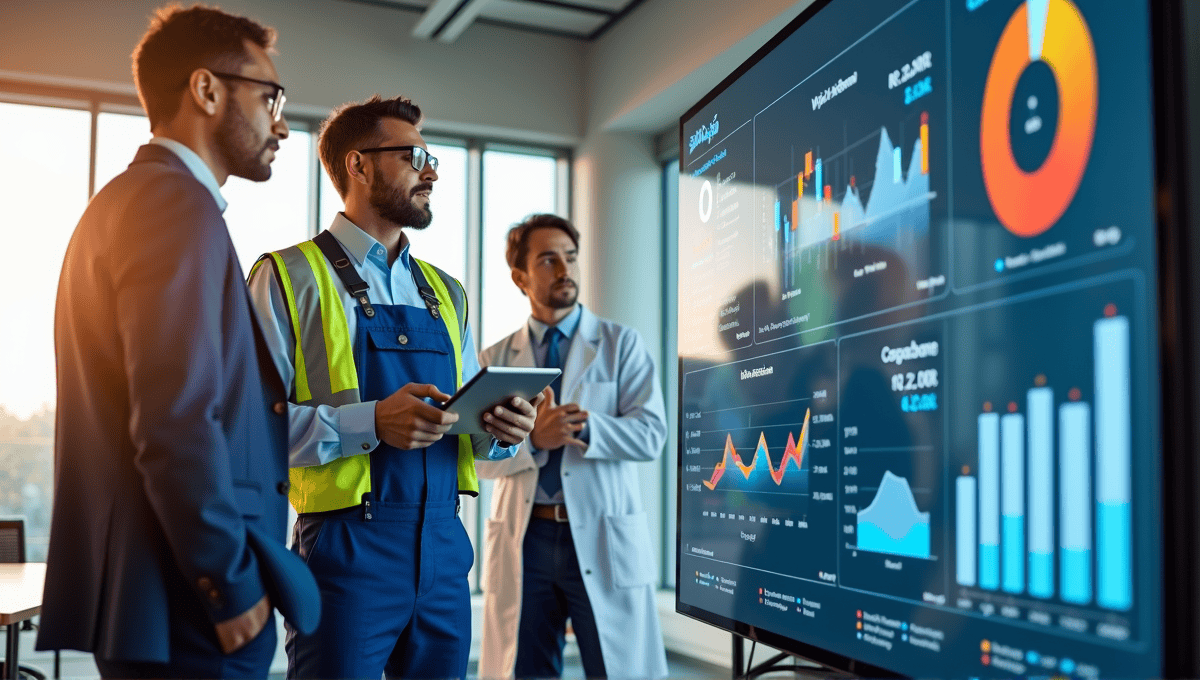 Team of professionals discussing resource allocation in a modern office, surrounded by digital graphs.