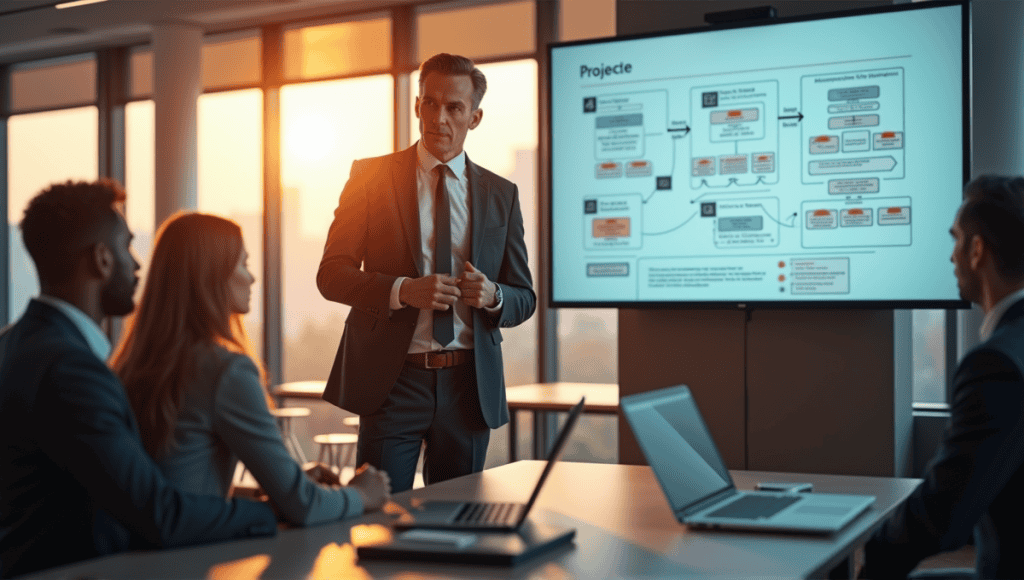 Project manager in a modern office, analyzing a project flowchart with team members nearby.