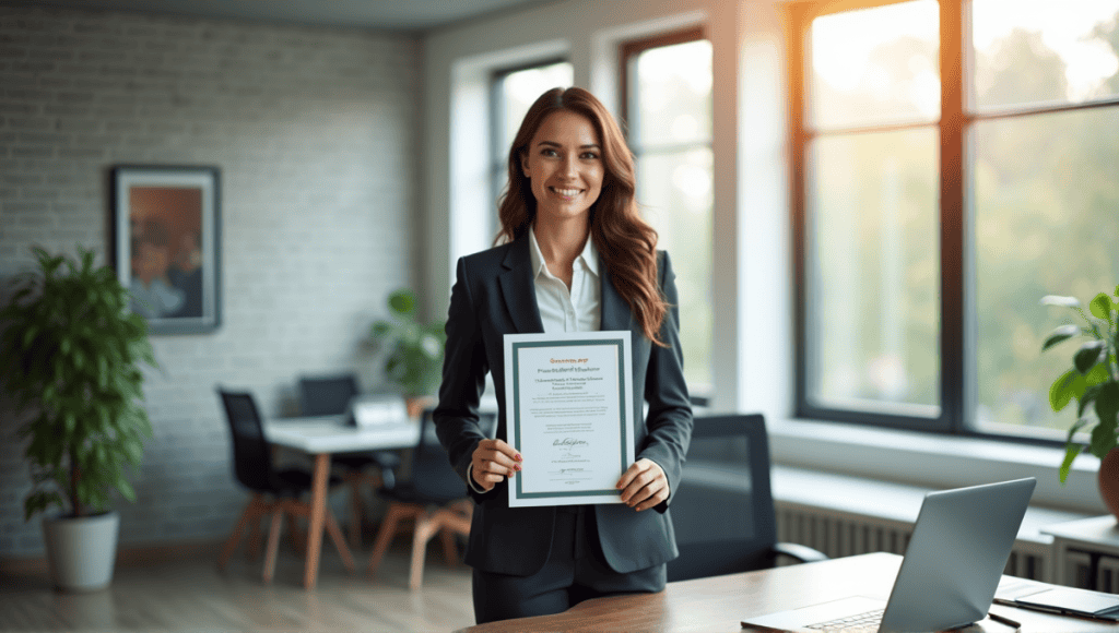 Professional woman in tailored suit holding Scrum Master certification at modern office desk.