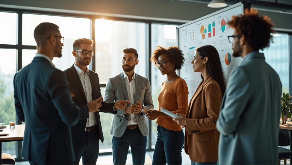 A team of professionals collaborating around a digital board with colorful charts in an office.